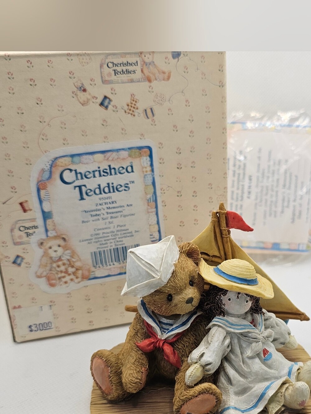 New 1991 Cherished Teddies ZACHARY Boy Sail Boat Bear Figurine Friend birthday